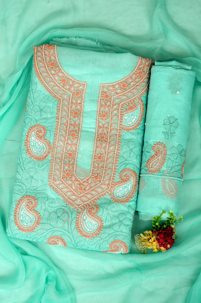 Ada Hand Embroidered Sea Green Cotton Lucknowi Chikankari Unstitched Suit Set With Chiffon Dupatta, Pearl and Sequinned Work 01A985624