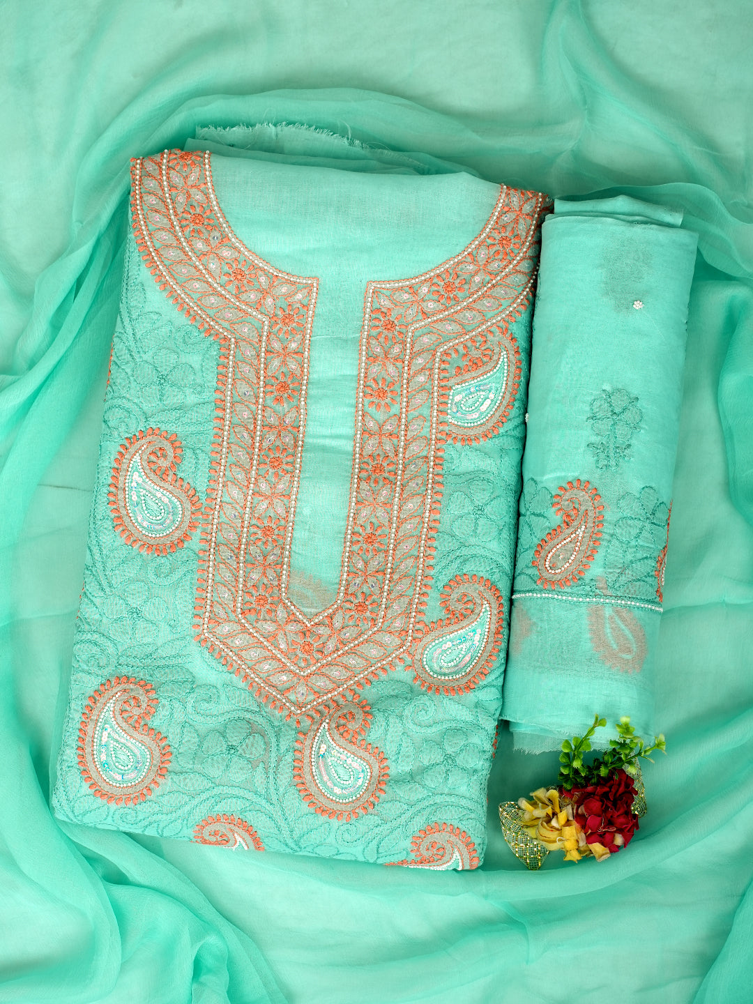 Ada Hand Embroidered Sea Green Cotton Lucknowi Chikankari Unstitched Suit Set With Pearl Work 01A985624