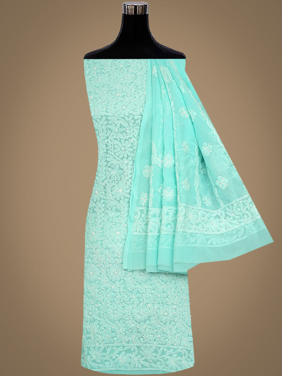 Ada Hand Embroidered Sea Green Faux Georgette Lucknowi Chikankari Unstitched Kurta Dupatta Set 01A373593