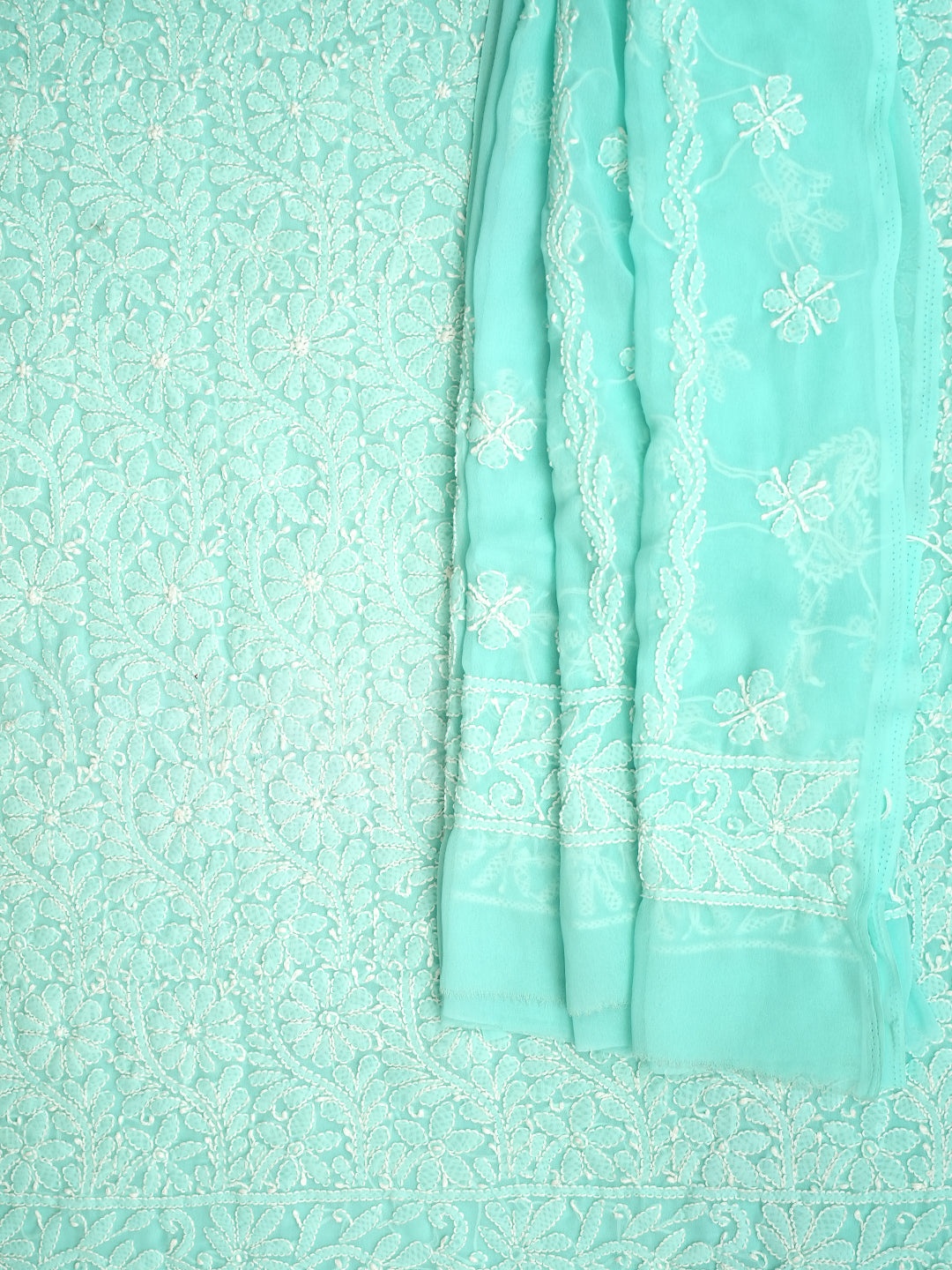 Ada Hand Embroidered Sea Green Faux Georgette Lucknowi Chikankari Unstitched Kurta Dupatta Set 01A373593