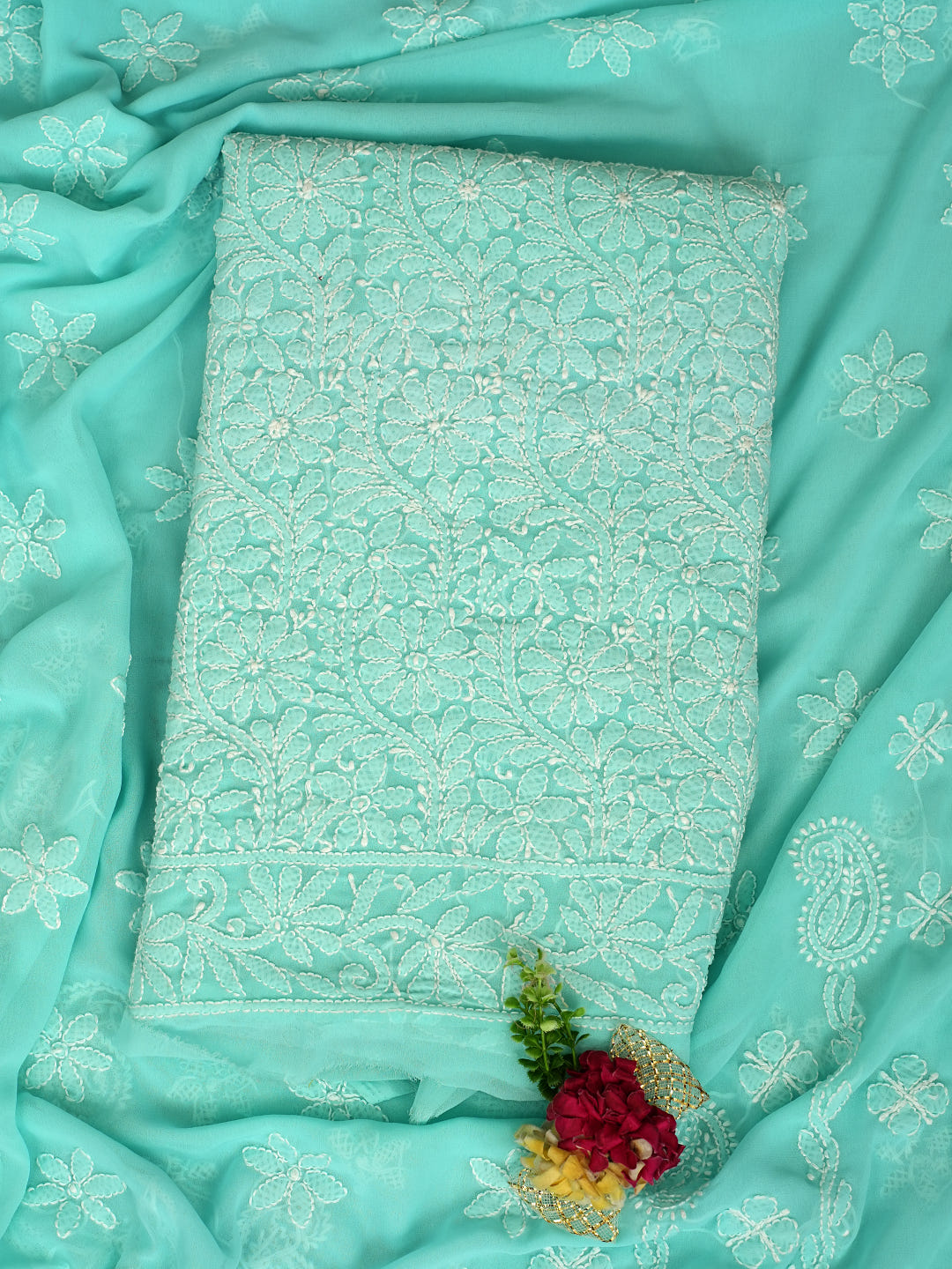 Ada Hand Embroidered Sea Green Faux Georgette Lucknowi Chikankari Unstitched Kurta Dupatta Set 01A373593