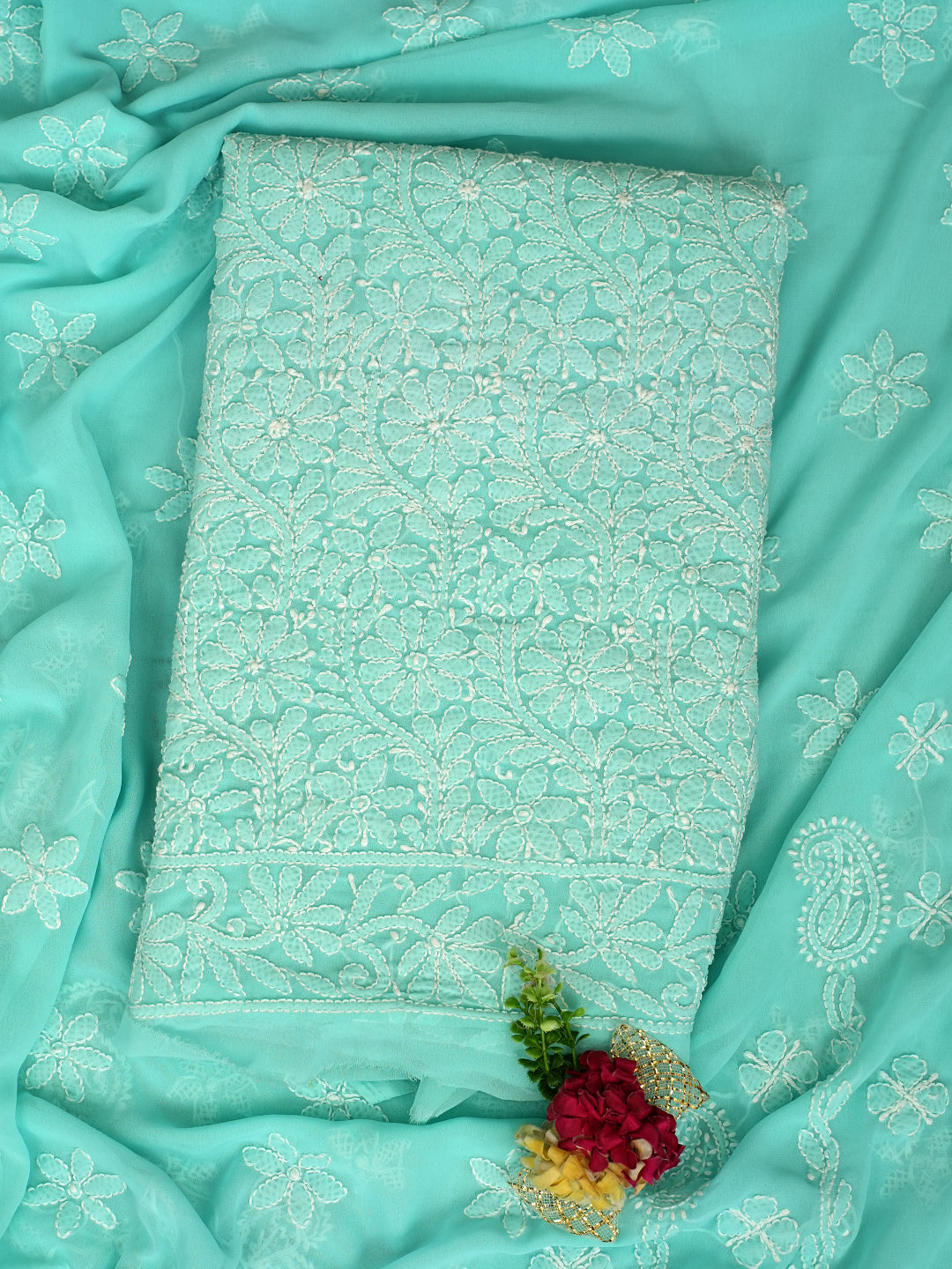 Ada Hand Embroidered Sea Green Faux Georgette Lucknowi Chikankari Unstitched Kurta Dupatta Set 01A373593