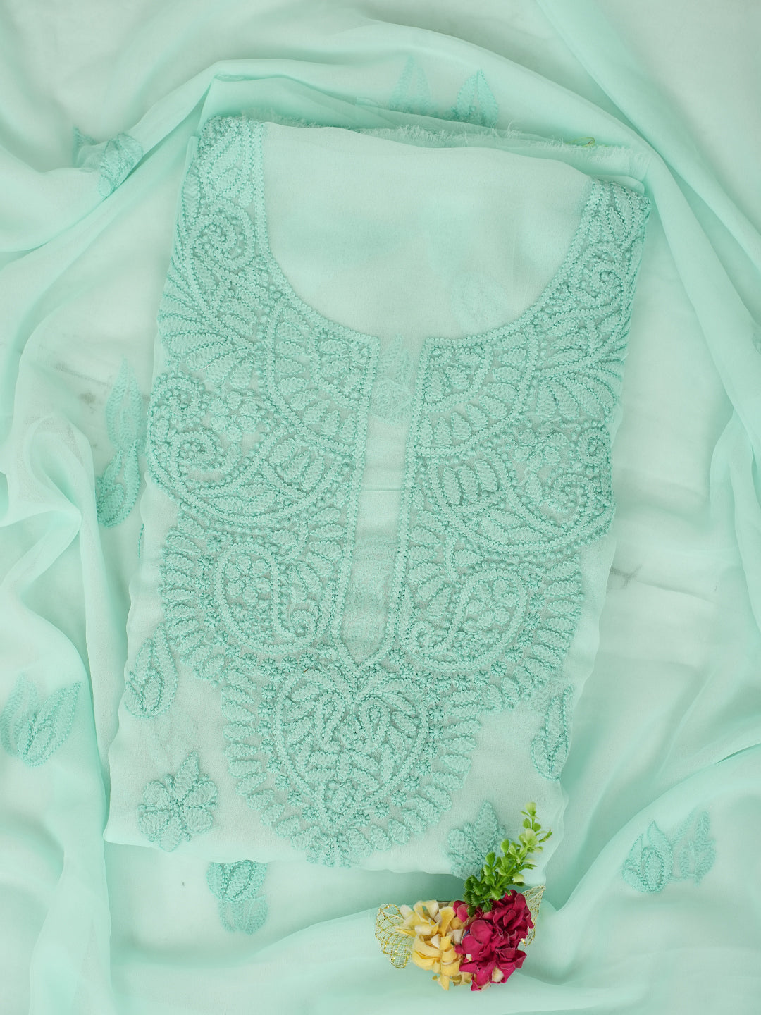Ada Hand Embroidered Sea Green Faux Georgette Lucknowi Chikankari Unstitched Suit Piece 01A1002564