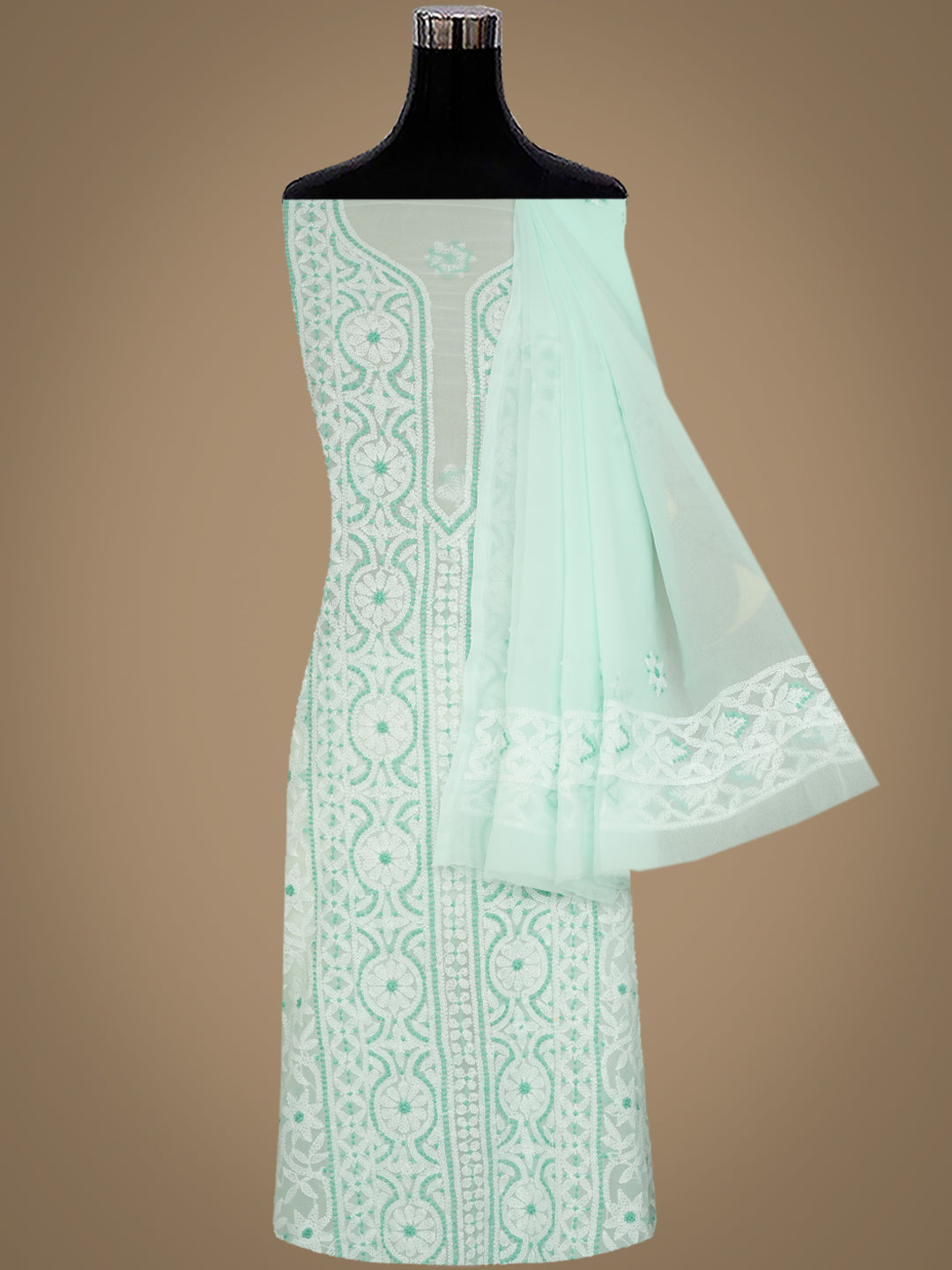 Ada Hand Embroidered Sea Green Faux Georgette Lucknowi Chikankari Unstitched Suit Piece 01A977933