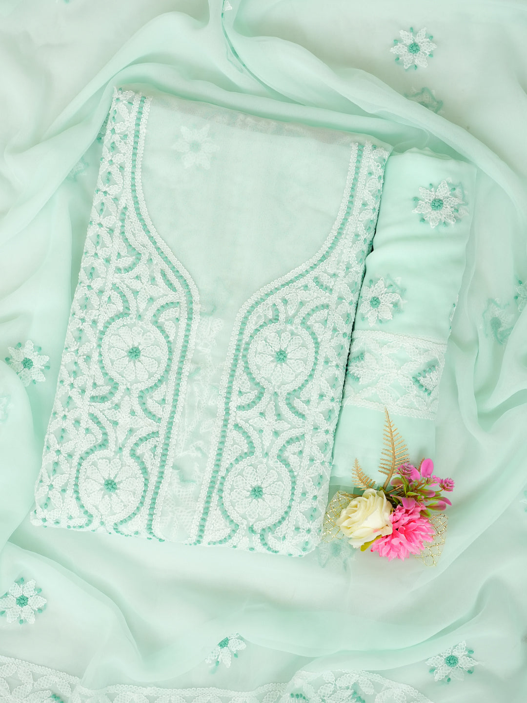 Ada Hand Embroidered Sea Green Faux Georgette Lucknowi Chikankari Unstitched Suit Piece 01A977933