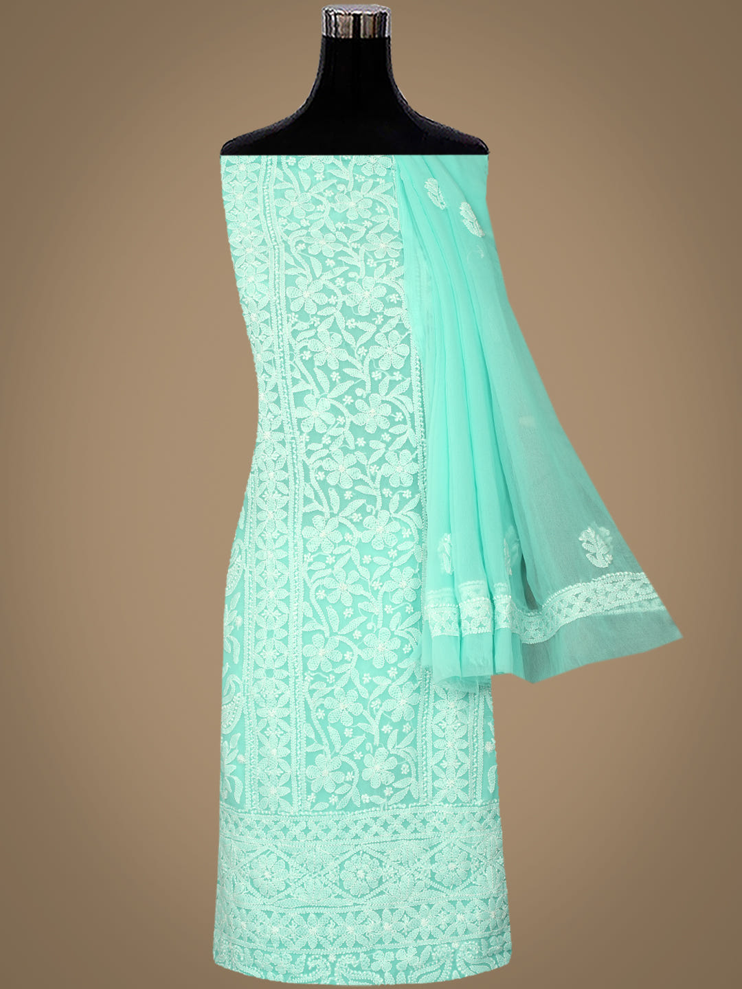 Ada Hand Embroidered Sea Green Georgette Lucknowi Chikankari Unstitched Suit Piece_4