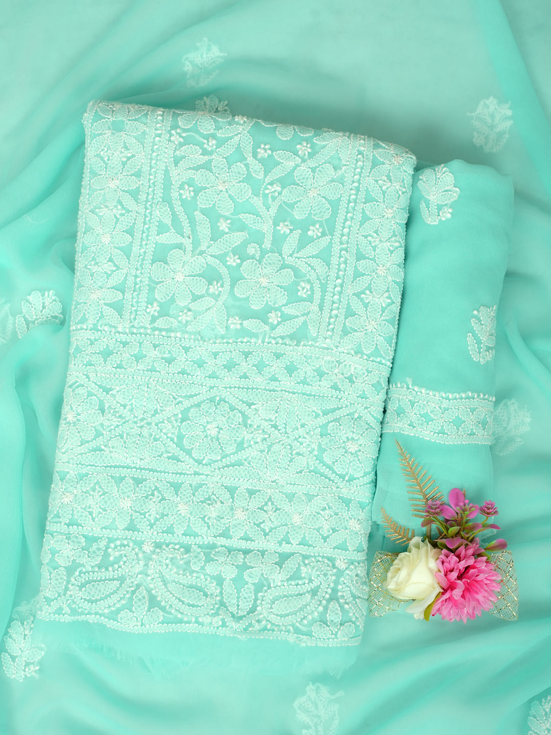Ada Hand Embroidered Sea Green Georgette Lucknowi Chikankari Unstitched Suit Piece_1