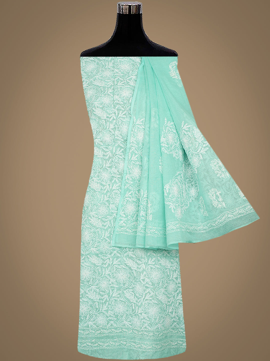 Ada Hand Embroidered Sea Green Kota Lucknowi Chikankari Unstitched Kurta Dupatta set 01A971057