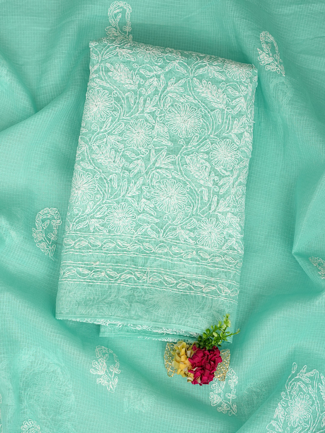 Ada Hand Embroidered Sea Green Kota Lucknowi Chikankari Unstitched Kurta Dupatta set 01A971057