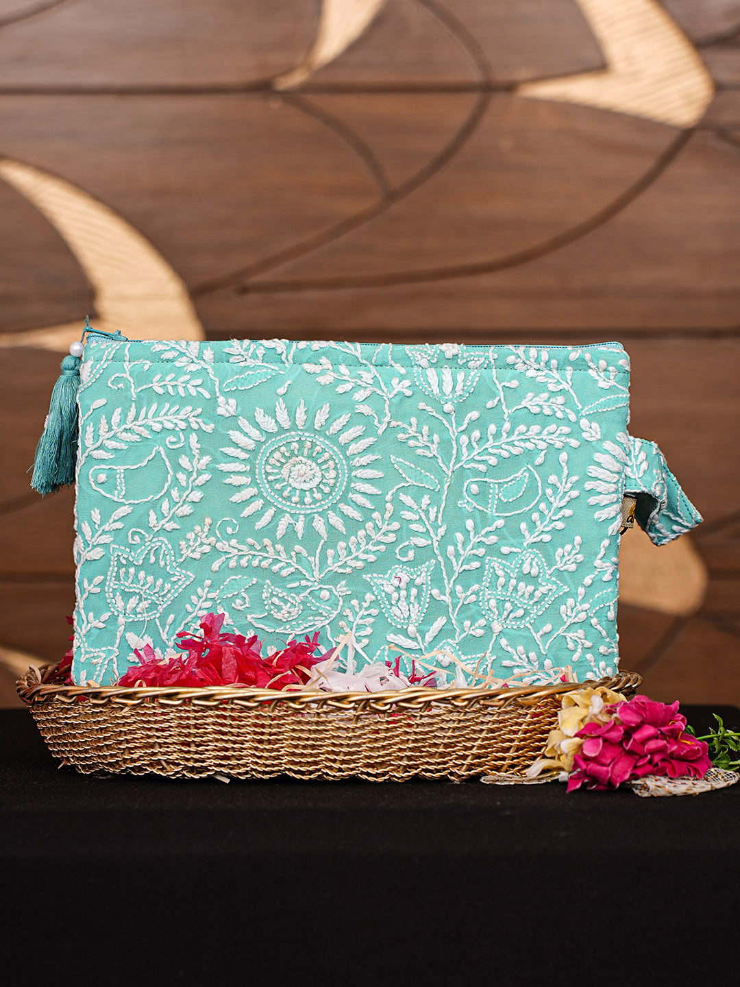 Ada Hand Embroidered Sea Green Pure Georgette Lucknowi Chikankari Pouch 01A922754