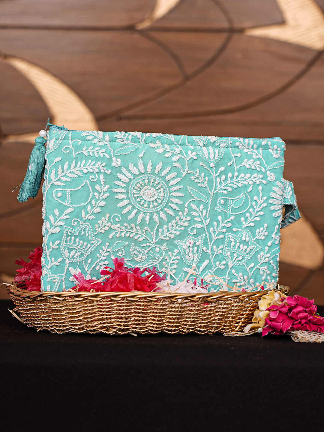 Ada Hand Embroidered Sea Green Pure Georgette Lucknowi Chikankari Pouch 01A922754