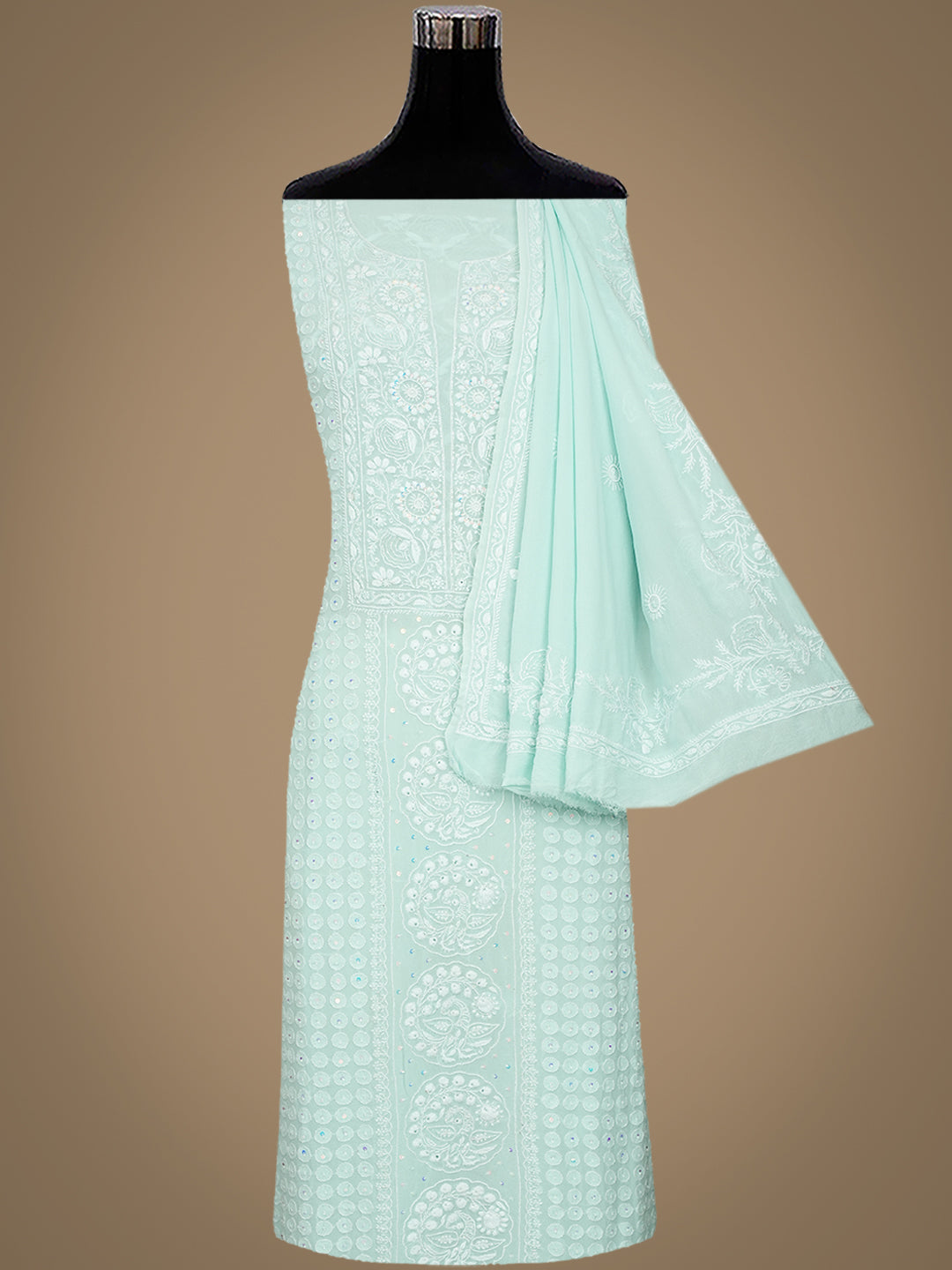Ada Hand Embroidered Sea Green Pure Georgette Lucknowi Chikankari Unstitched Kurta Dupatta Set With Pearl Work 01A988211