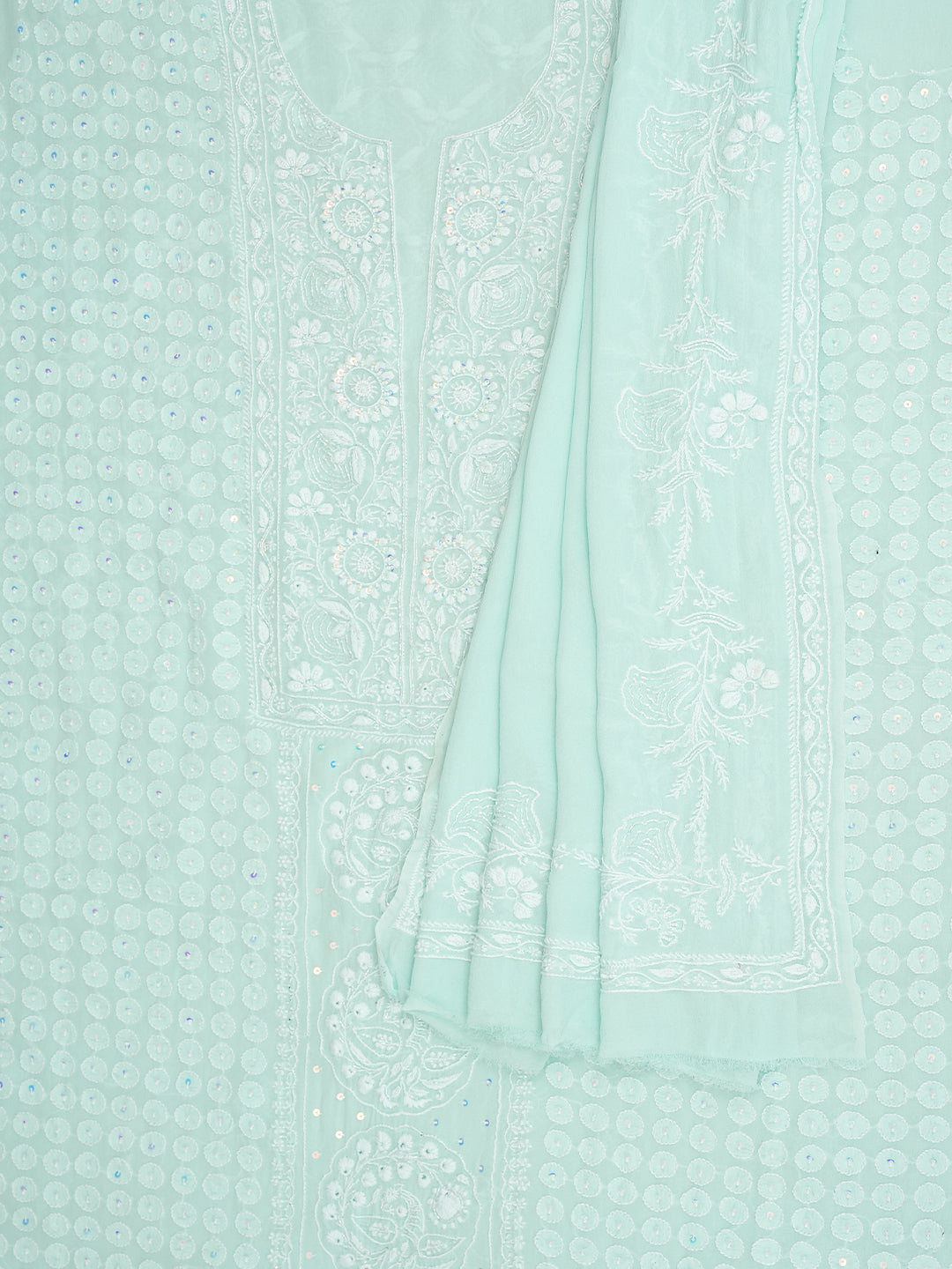 Ada Hand Embroidered Sea Green Pure Georgette Lucknowi Chikankari Unstitched Kurta Dupatta Set With Pearl Work 01A988211