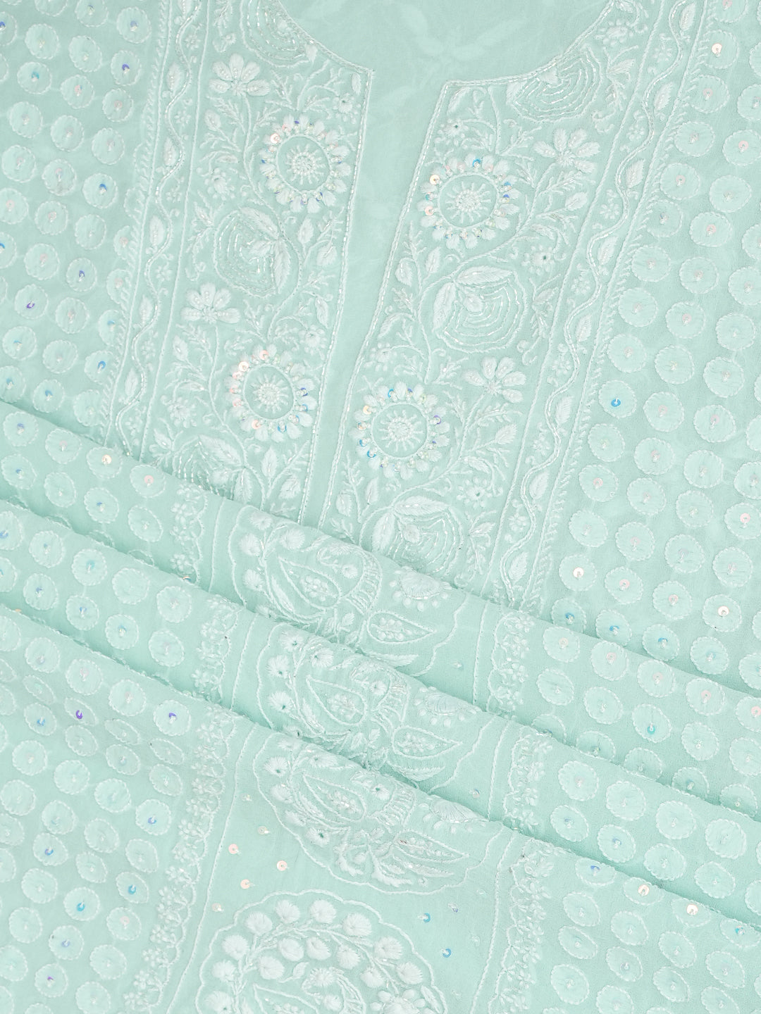 Ada Hand Embroidered Sea Green Pure Georgette Lucknowi Chikankari Unstitched Kurta Dupatta Set With Pearl Work 01A988211