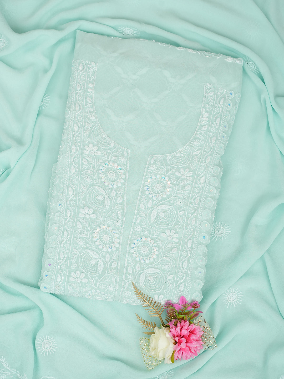 Ada Hand Embroidered Sea Green Pure Georgette Lucknowi Chikankari Unstitched Kurta Dupatta Set With Pearl Work 01A988211
