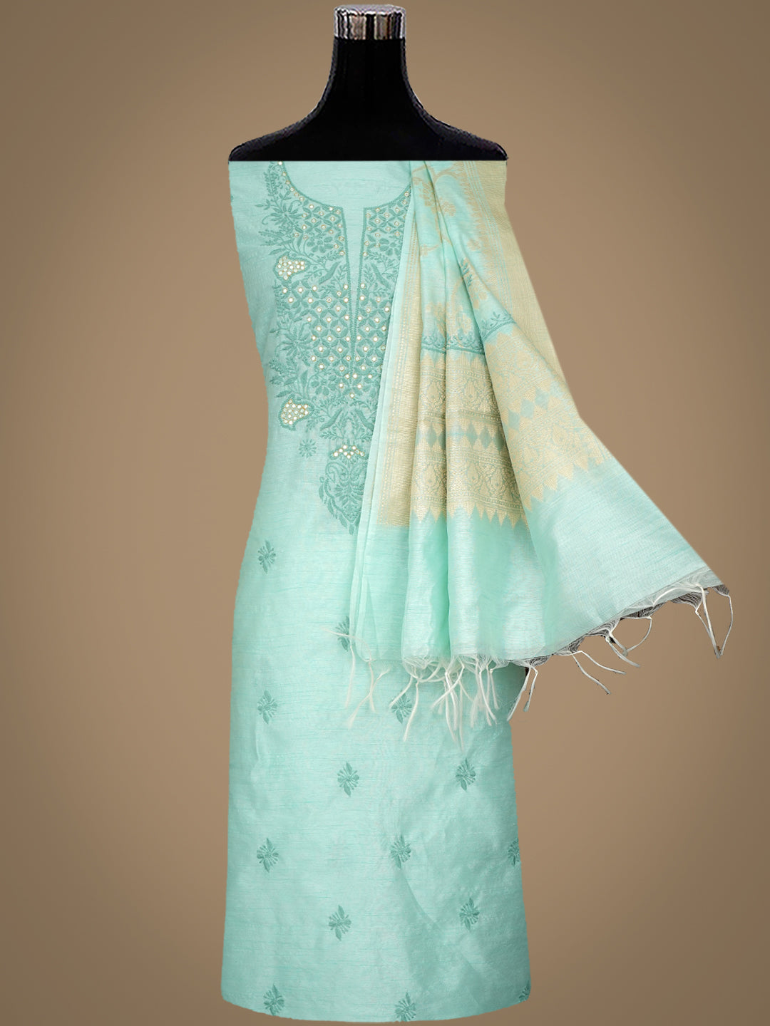 Ada Hand Embroidered Sea Green Silk Lucknowi Chikankari Unstitched Kurta Dupatta Set 01A987106