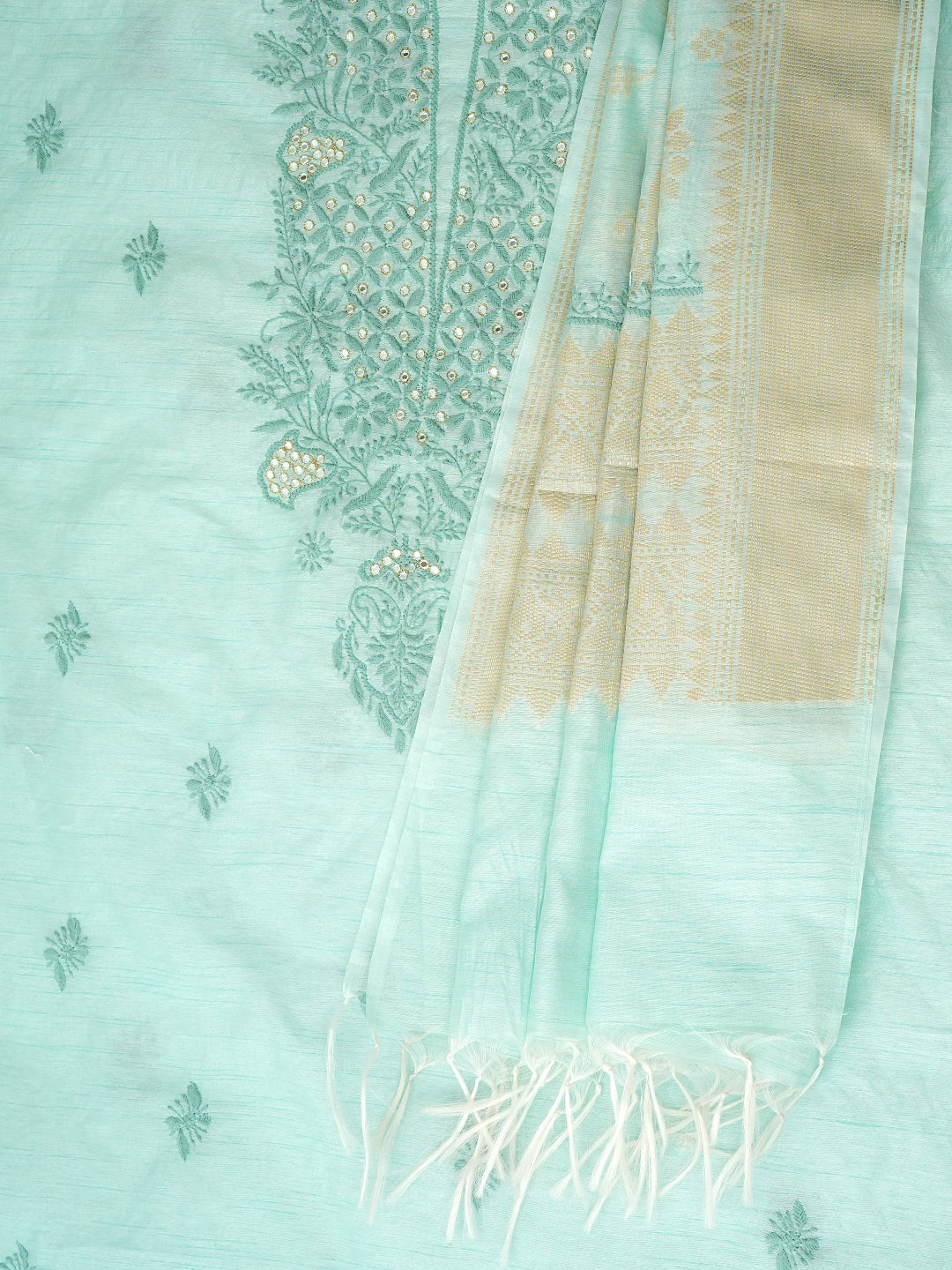 Ada Hand Embroidered Sea Green Silk Lucknowi Chikankari Unstitched Kurta Dupatta Set 01A987106