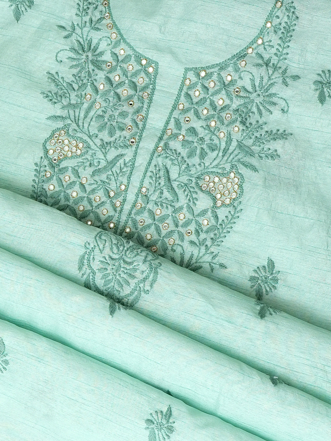 Ada Hand Embroidered Sea Green Silk Lucknowi Chikankari Unstitched Kurta Dupatta Set 01A987106