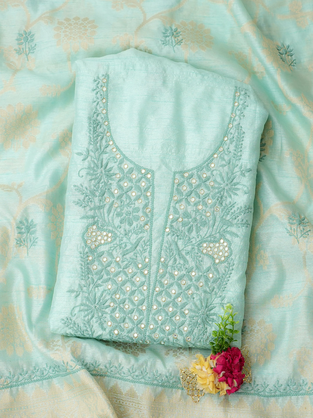 Ada Hand Embroidered Sea Green Silk Lucknowi Chikankari Unstitched Kurta Dupatta Set 01A987106