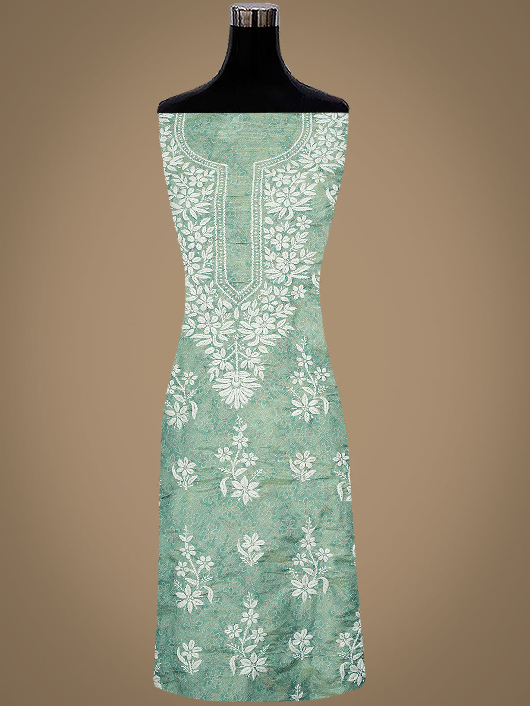 Ada Hand Embroidered Sea Green Tissue Lucknowi Chikankari Unstitched Kurta Dupatta Set 01A980035