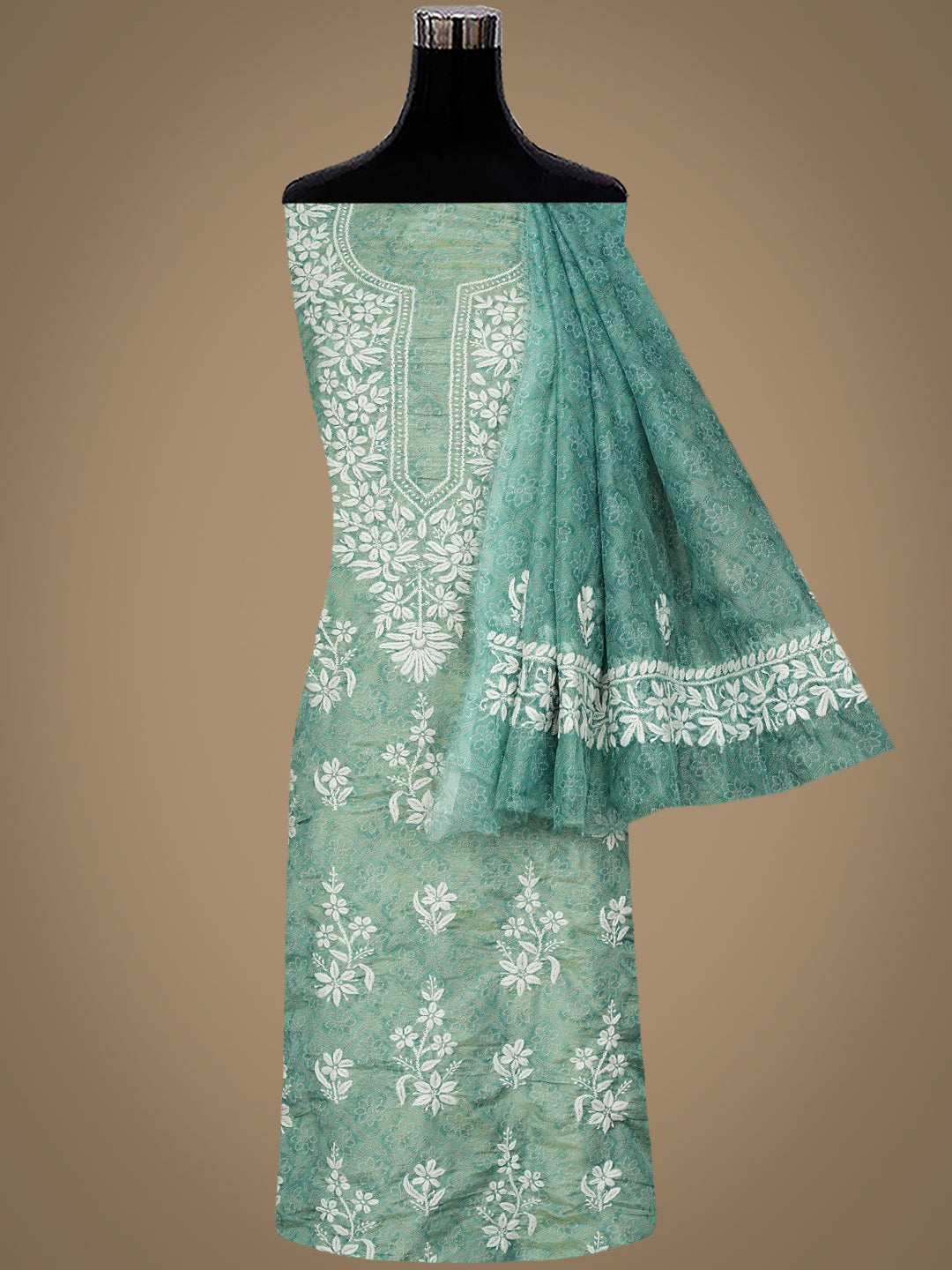 Ada Hand Embroidered Sea Green Tissue Lucknowi Chikankari Unstitched Kurta Dupatta Set 01A980035
