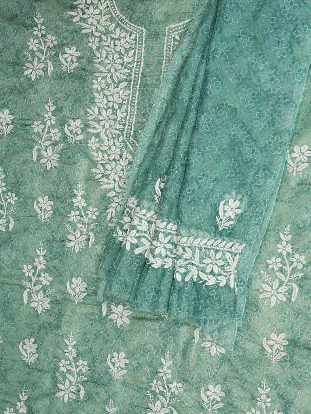 Ada Hand Embroidered Sea Green Tissue Lucknowi Chikankari Unstitched Kurta Dupatta Set 01A980035