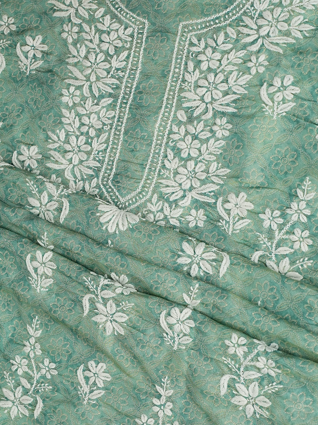 Ada Hand Embroidered Sea Green Tissue Lucknowi Chikankari Unstitched Kurta Dupatta Set 01A980035