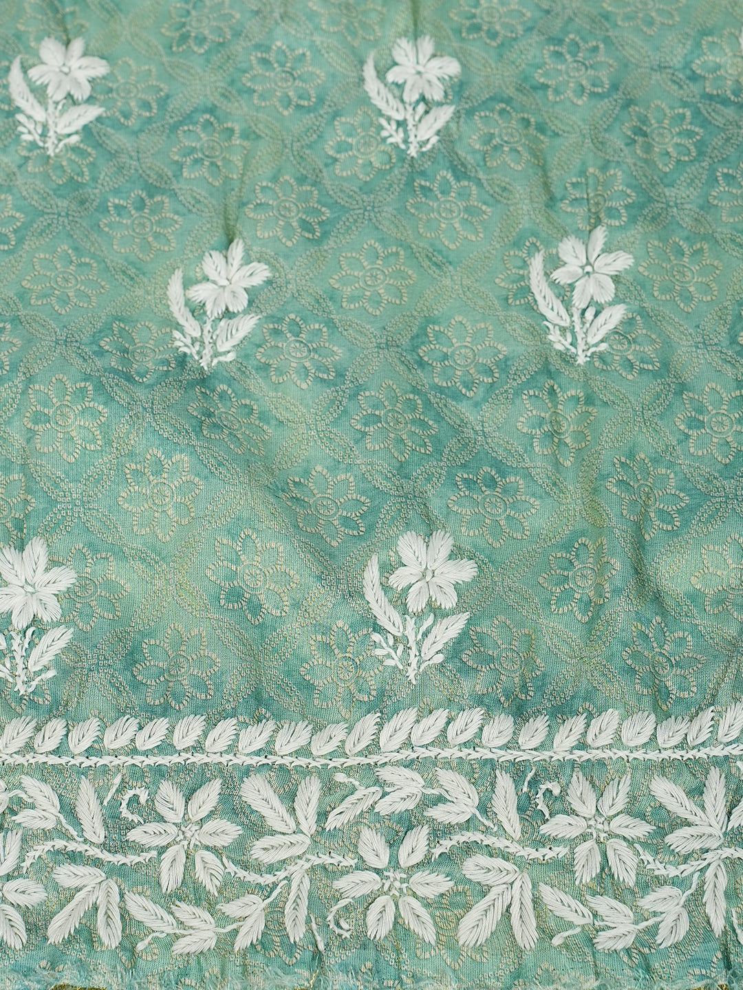 Ada Hand Embroidered Sea Green Tissue Lucknowi Chikankari Unstitched Kurta Dupatta Set 01A980035