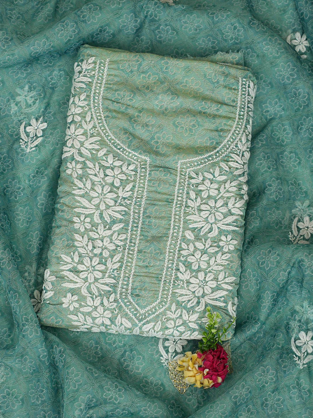 Ada Hand Embroidered Sea Green Tissue Lucknowi Chikankari Unstitched Kurta Dupatta Set 01A980035
