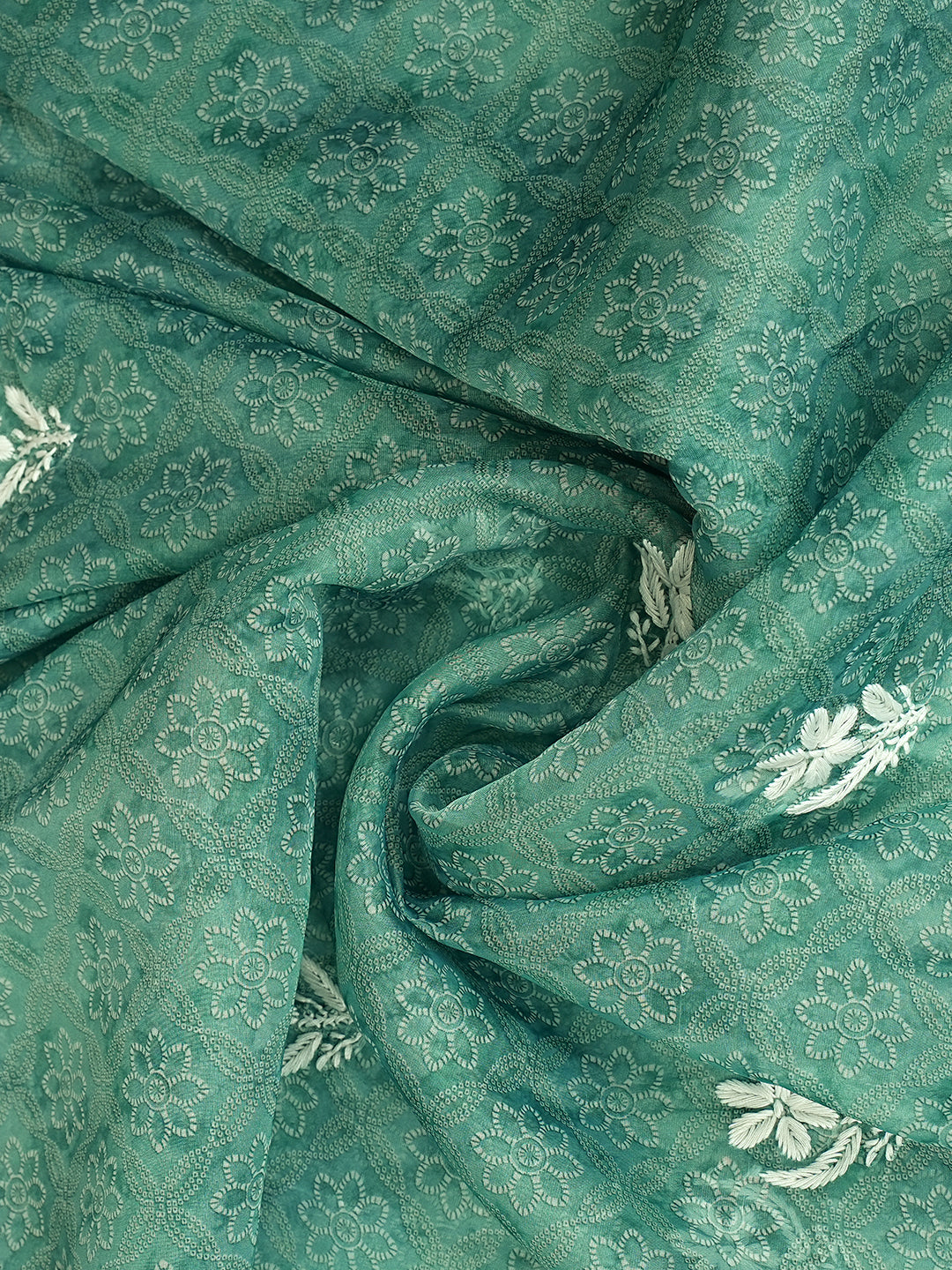 Ada Hand Embroidered Sea Green Tissue Lucknowi Chikankari Unstitched Kurta Dupatta Set 01A980035