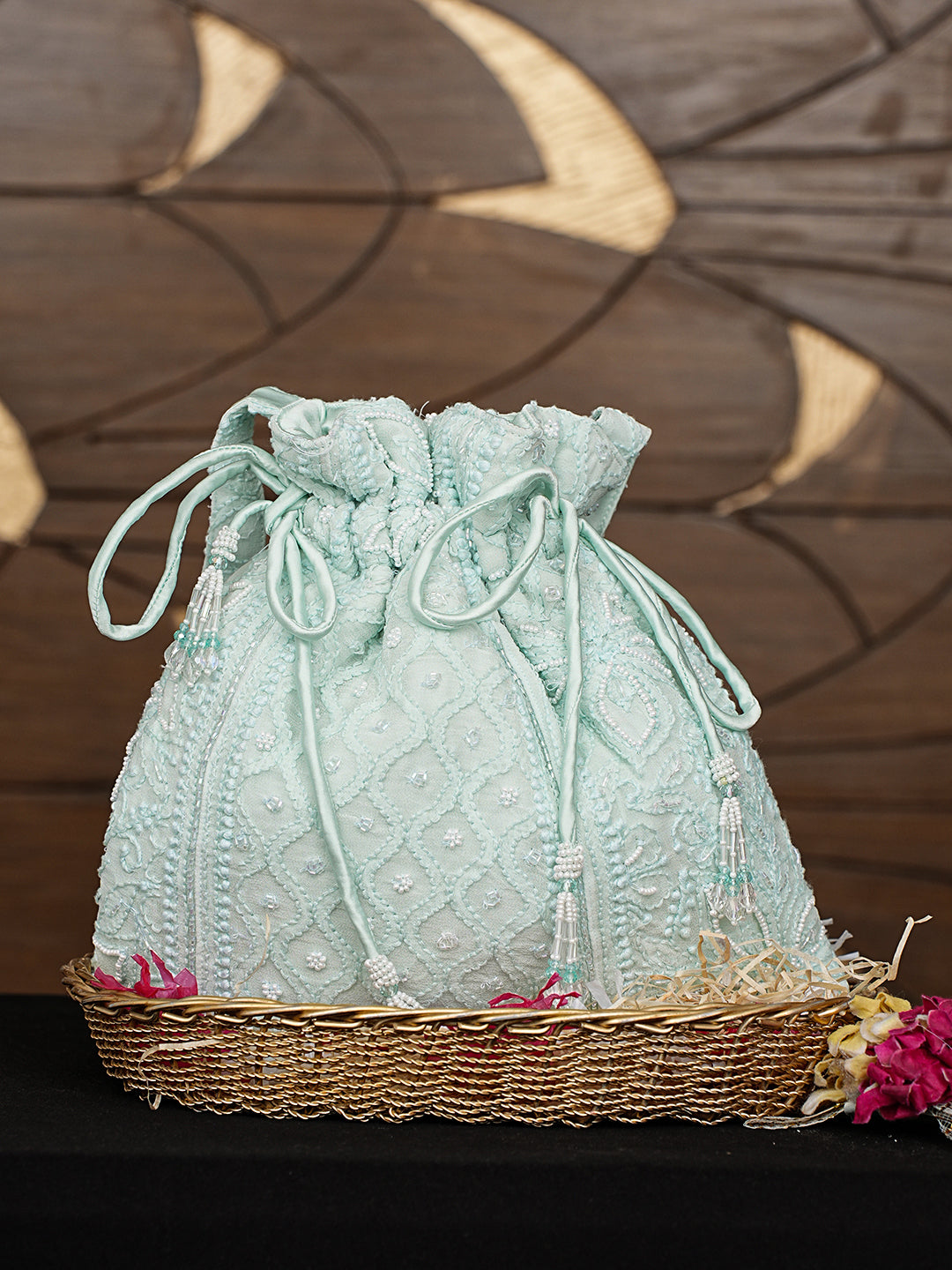 Ada Hand Embroidered Sea Green Viscose Georgette Lucknowi Chikankari Potli Bag With Cutdana Work 01A998814