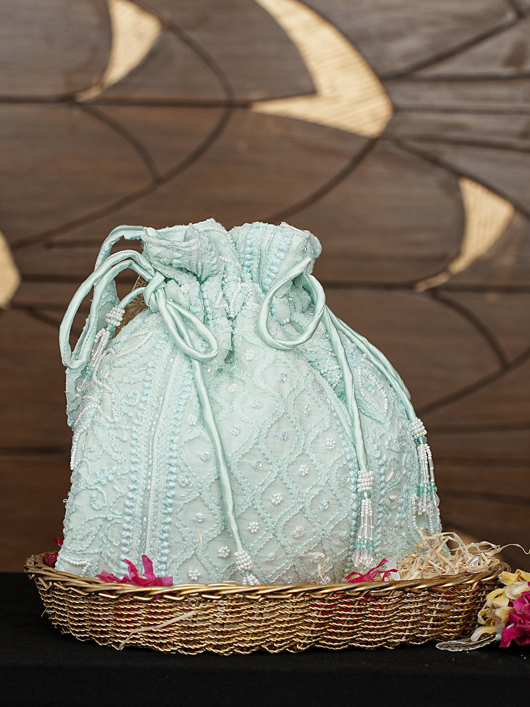 Ada Hand Embroidered Sea Green Viscose Georgette Lucknowi Chikankari Potli Bag With Cutdana Work 01A998814