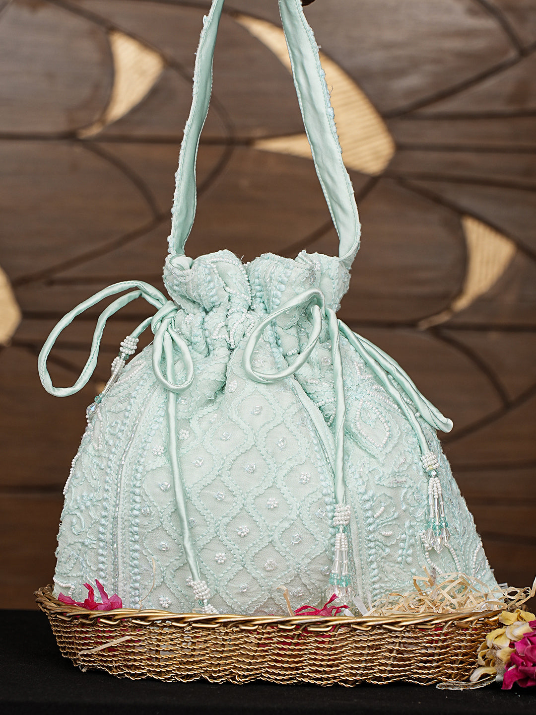 Ada Hand Embroidered Sea Green Viscose Georgette Lucknowi Chikankari Potli Bag With Cutdana Work 01A998814