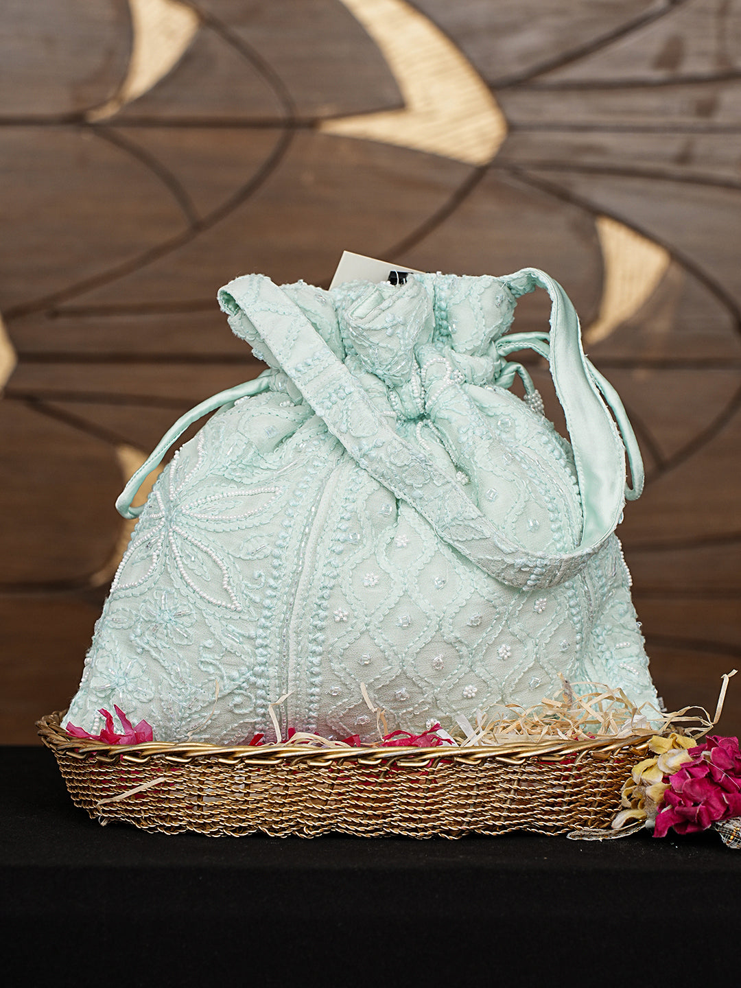 Ada Hand Embroidered Sea Green Viscose Georgette Lucknowi Chikankari Potli Bag With Cutdana Work 01A998814