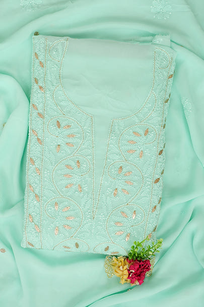 Ada Sea Green Viscose Georgette Chikankari Kurta Dupatta Set
