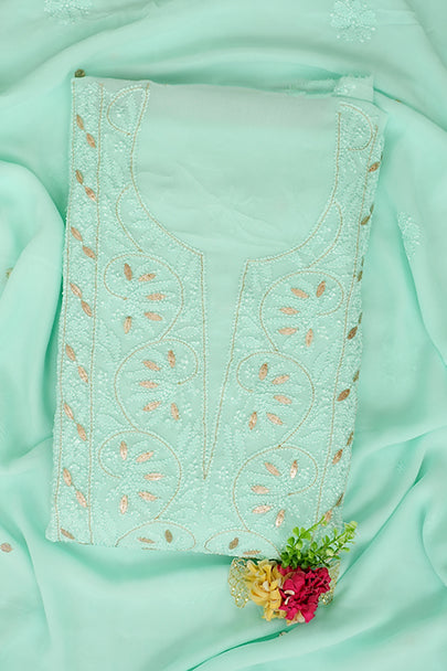 Ada Sea Green Viscose Georgette Chikankari Kurta Dupatta Set