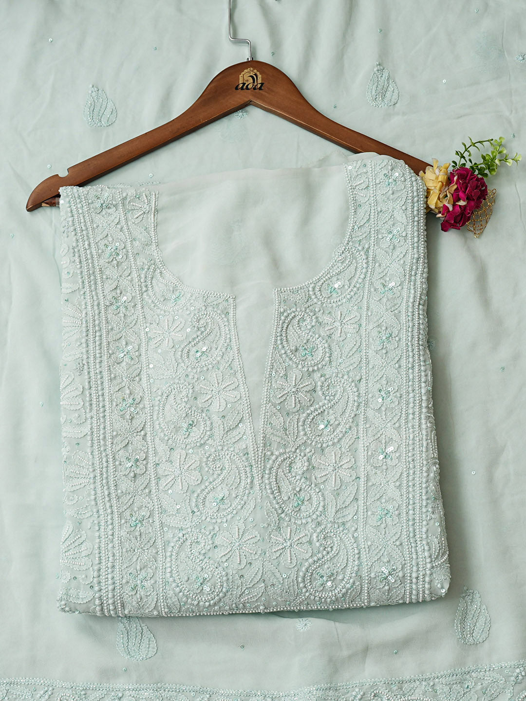 Ada Hand Embroidered Sea Green Viscose Georgette Lucknowi Chikankari Unstitched Kurta Dupatta Set With Pearl Work 01A933281