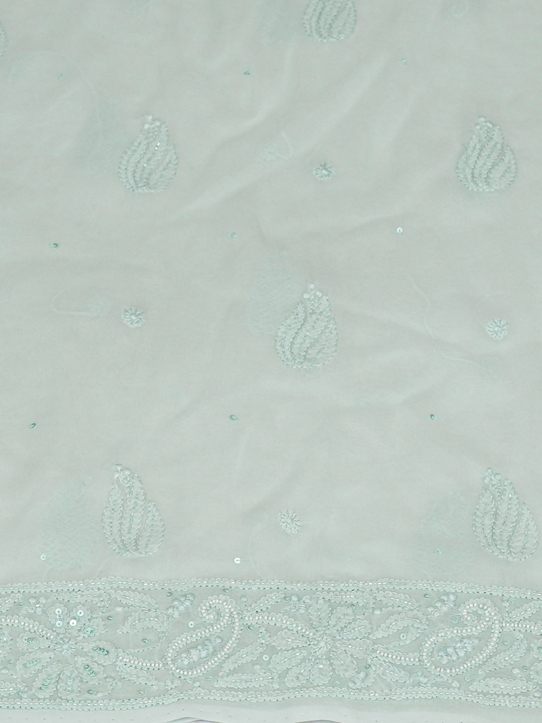 Ada Hand Embroidered Sea Green Viscose Georgette Lucknowi Chikankari Unstitched Kurta Dupatta Set With Pearl Work 01A933281