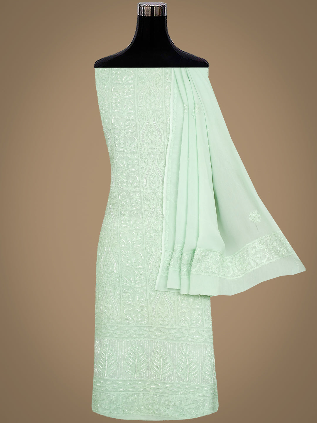 Ada Hand Embroidered Sea Green Viscose Georgette Lucknowi Chikankari Unstitched Kurta Dupatta Set With Pearl Work 01A977911