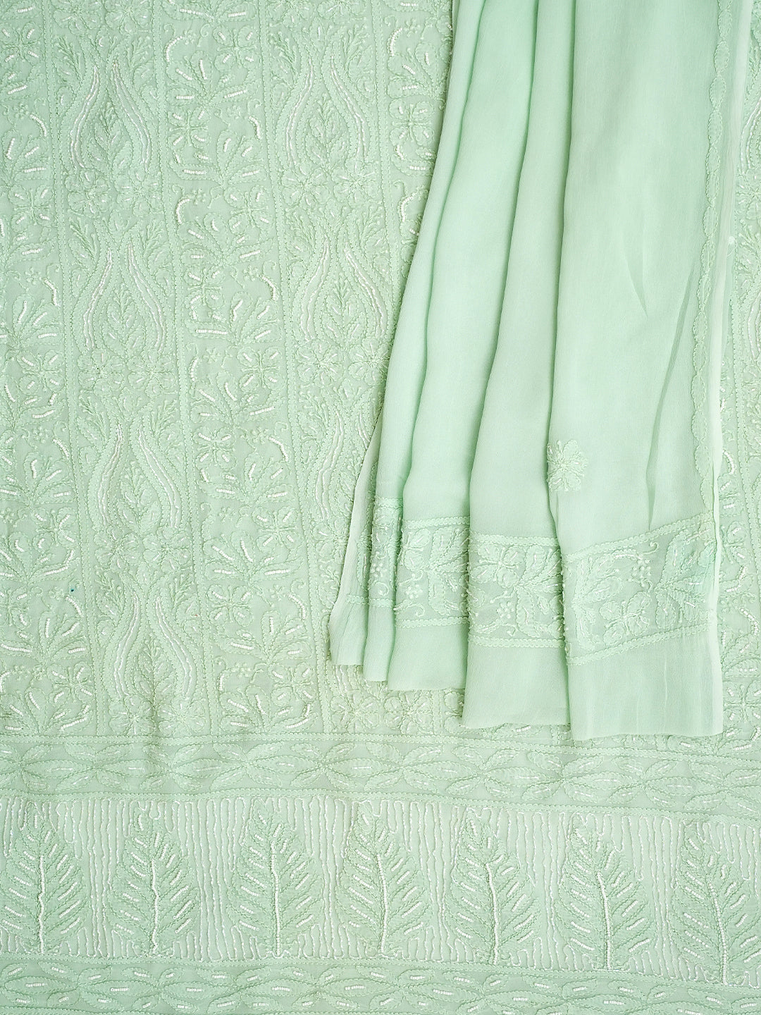 Ada Hand Embroidered Sea Green Viscose Georgette Lucknowi Chikankari Unstitched Kurta Dupatta Set With Pearl Work 01A977911