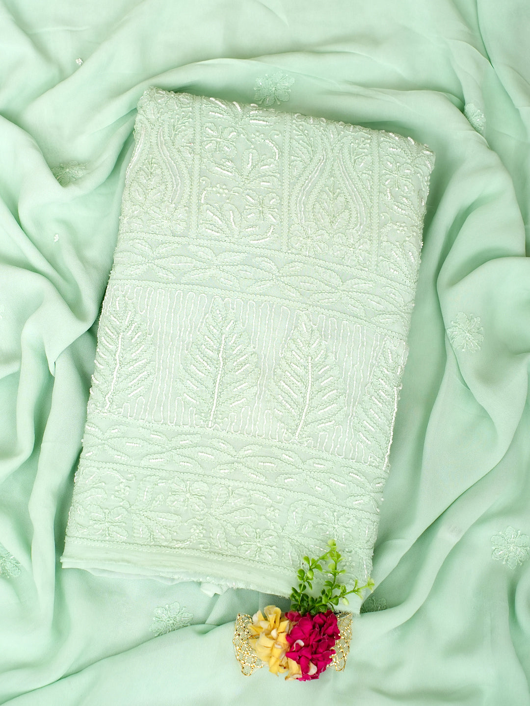 Ada Hand Embroidered Sea Green Viscose Georgette Lucknowi Chikankari Unstitched Kurta Dupatta Set With Pearl Work 01A977911