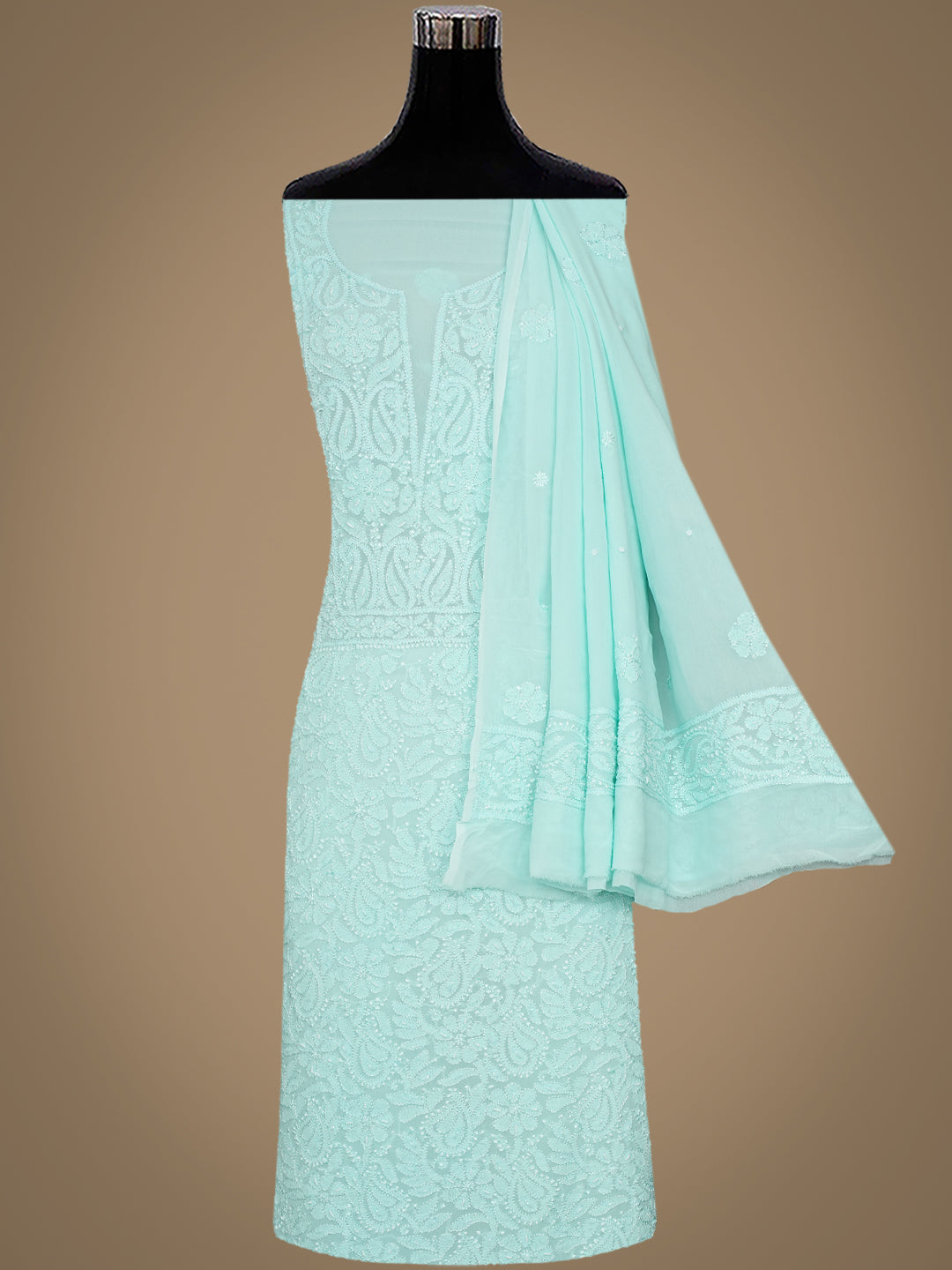 Hand Embroidered Sea Green Chikankari Kurta Dupatta Set With Pearl Work Close-Up