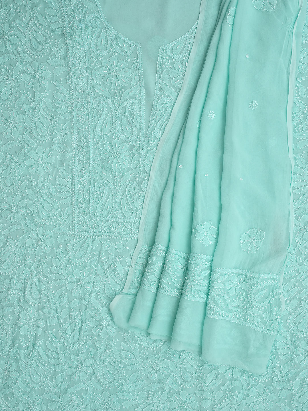 Detailed Pearl Work And Lucknowi Chikankari Embroidery On Sea Green Fabric