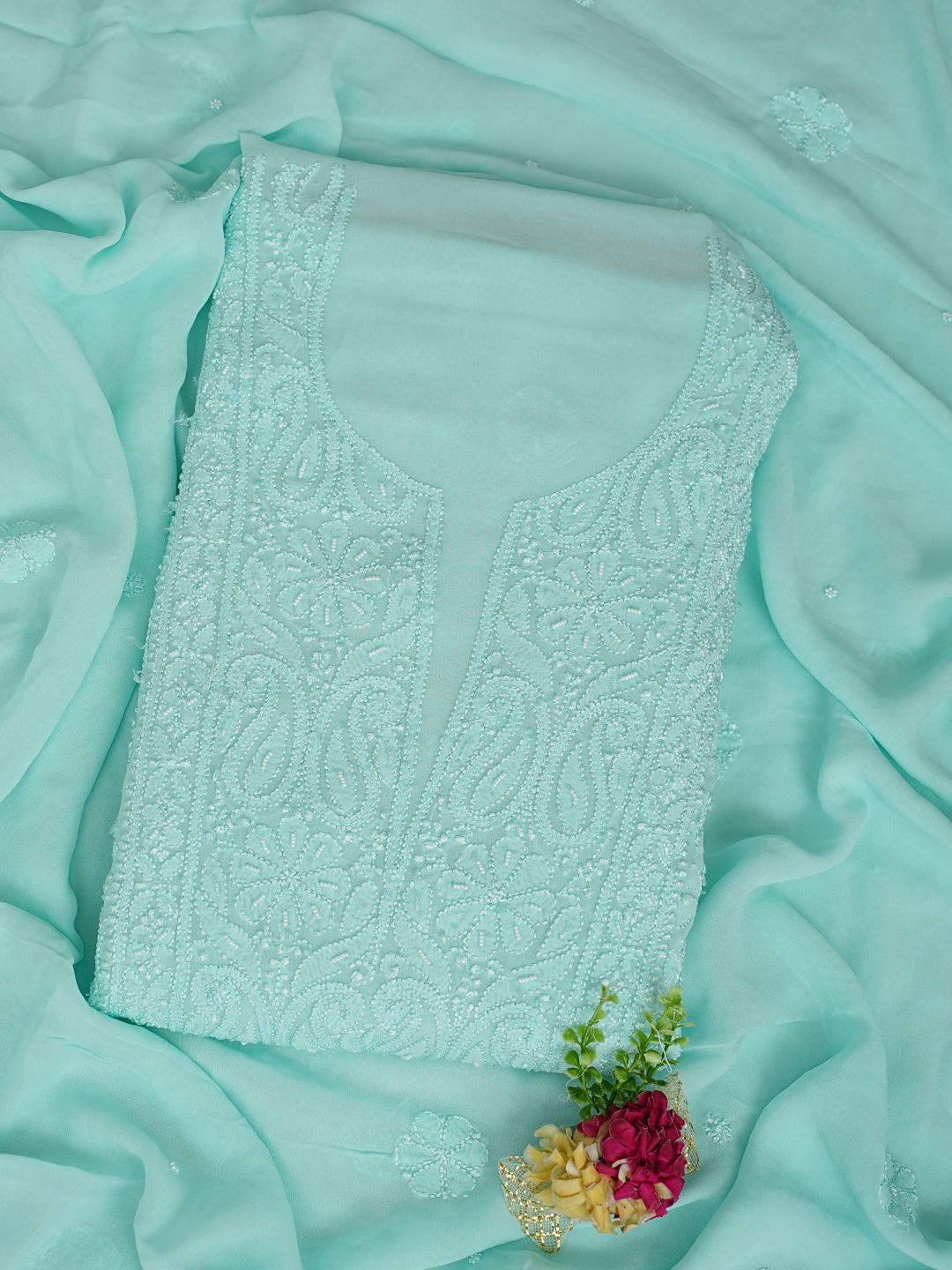Traditional Sea Green Lucknowi Chikankari Unstitched Kurta Dupatta Set For Women