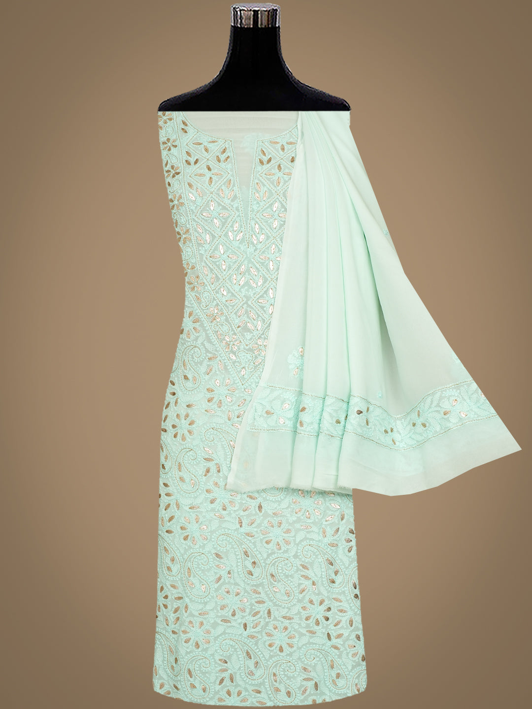 Ada Hand Embroidered Sea Green Viscose Georgette Lucknowi Chikankari Unstitched Kurta Dupatta Set With Gota Patti Work 01A962630