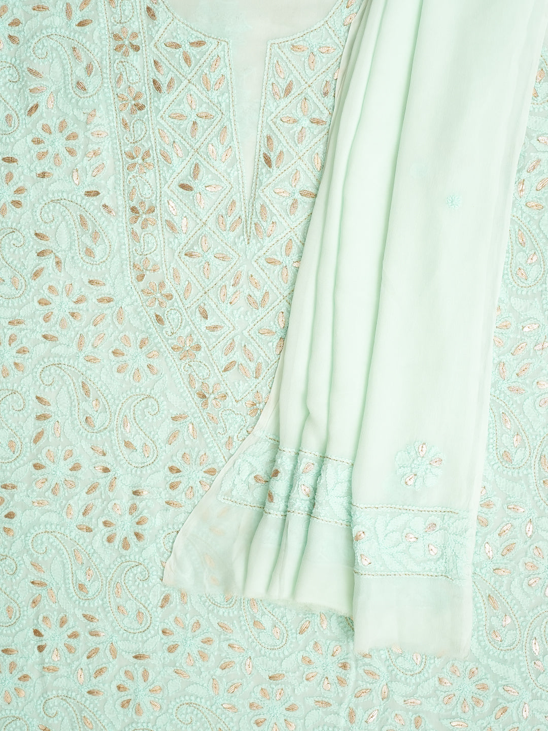 Ada Hand Embroidered Sea Green Viscose Georgette Lucknowi Chikankari Unstitched Kurta Dupatta Set With Gota Patti Work 01A962630