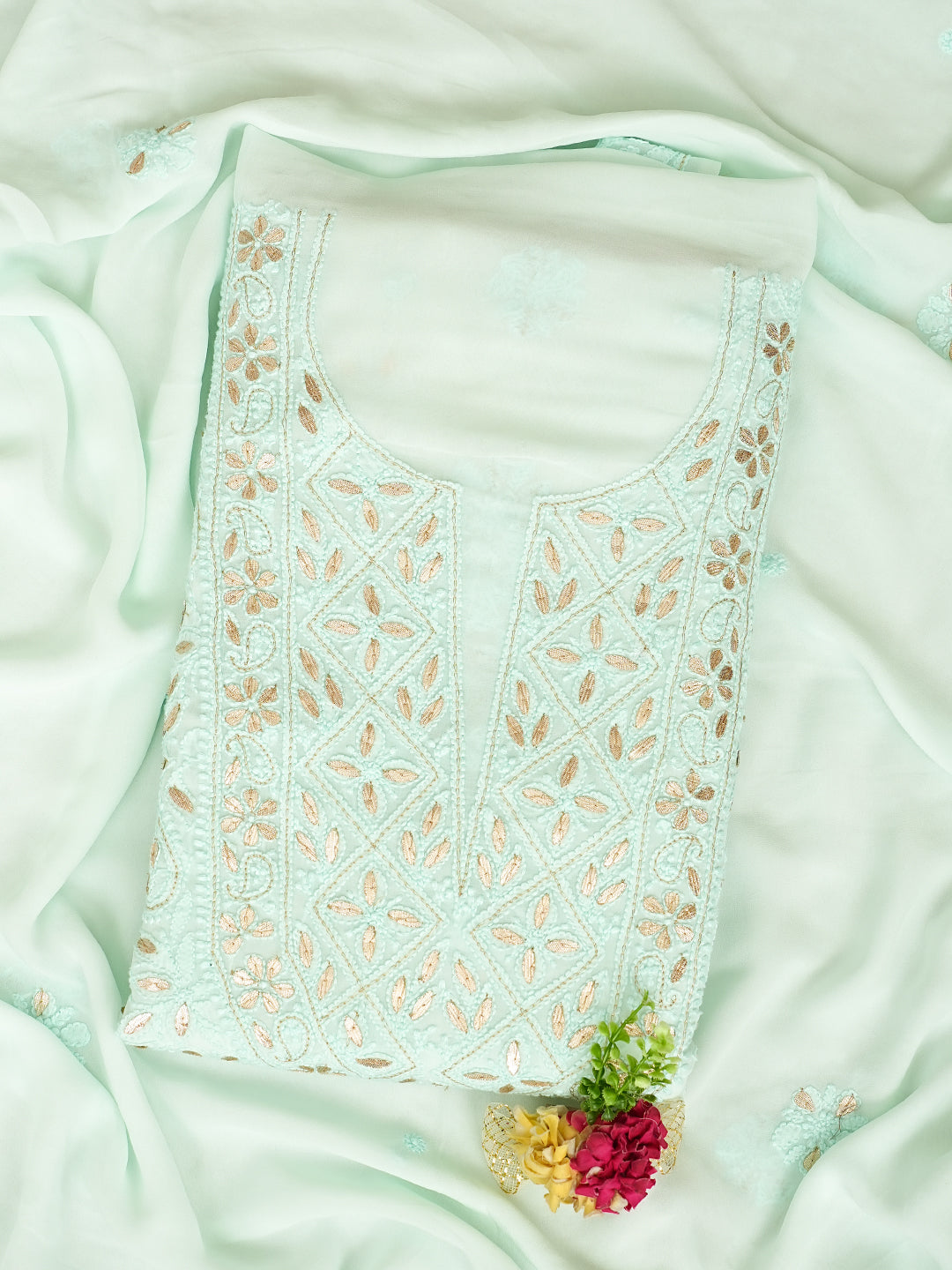 Ada Hand Embroidered Sea Green Viscose Georgette Lucknowi Chikankari Unstitched Kurta Dupatta Set With Gota Patti Work 01A962630