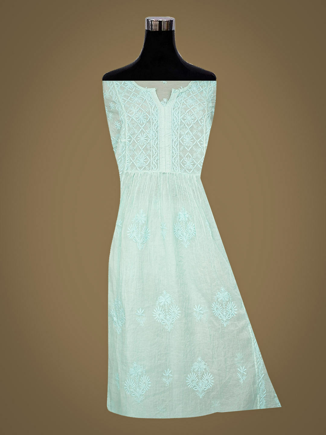 Ada Hand Embroidered Sky Blue Chanderi Lucknowi Chikankari Semi-Stitched A-Line Kurta Dupatta Set 07A500346