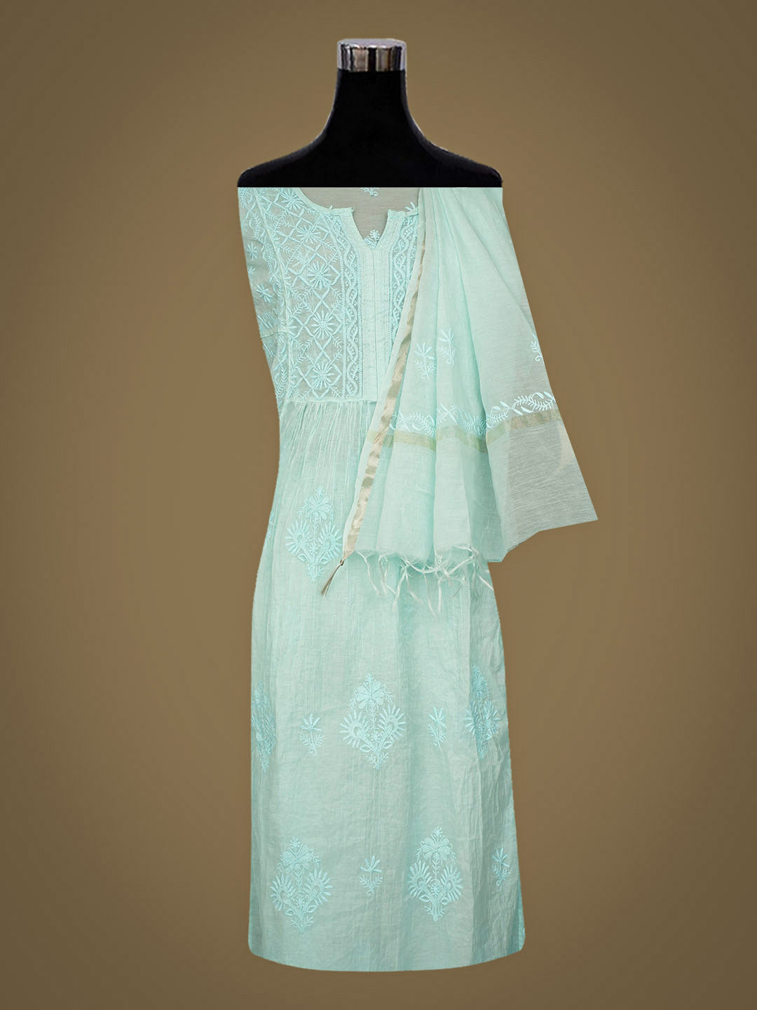 Ada Hand Embroidered Sky Blue Chanderi Lucknowi Chikankari Semi-Stitched A-Line Kurta Dupatta Set 07A500346