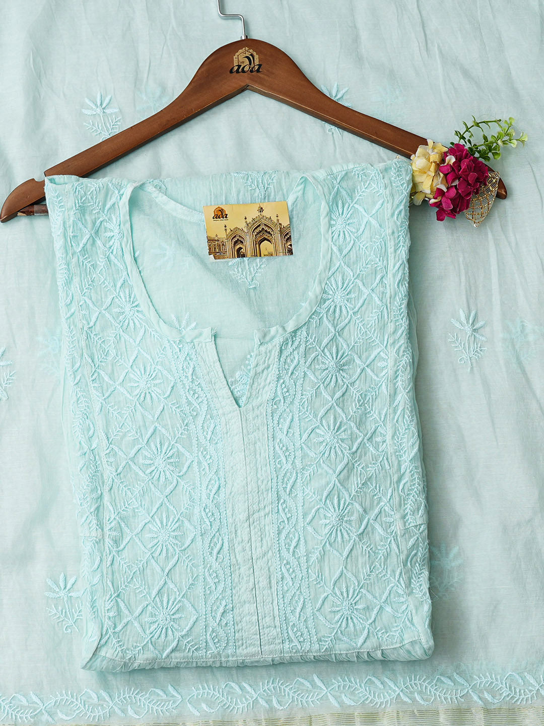 Ada Hand Embroidered Sky Blue Chanderi Lucknowi Chikankari Semi-Stitched A-Line Kurta Dupatta Set 07A500346